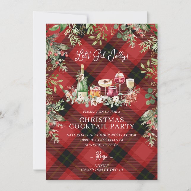 Red Plaid Christmas Cocktails Lets Get Jolly  Invitation (Front)