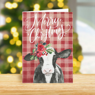 Red Plaid Christmas Cow Holiday Card