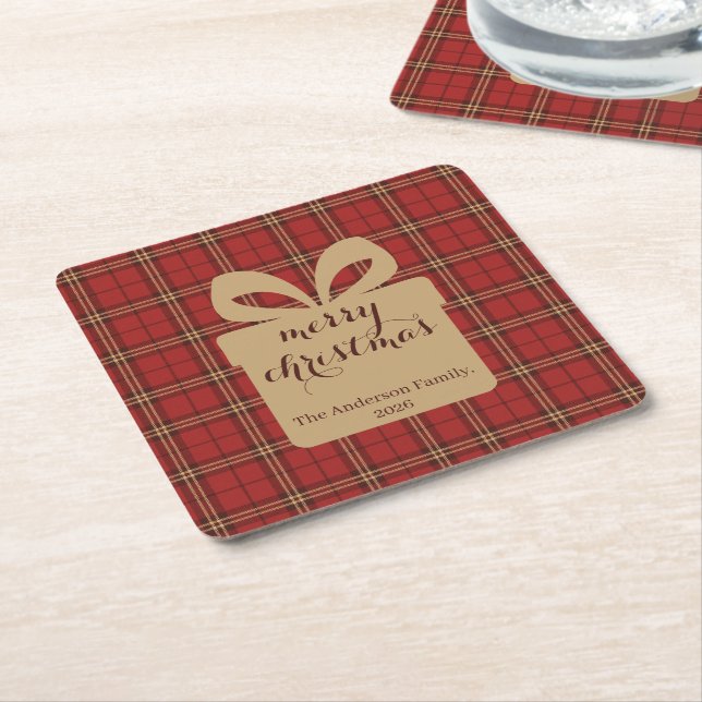 Red Plaid Christmas Festive Pattern -  Square Paper Coaster (Angled)