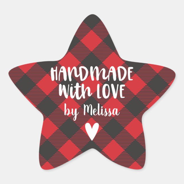 Red Plaid Christmas Handmade With Love Classic Star Sticker (Front)
