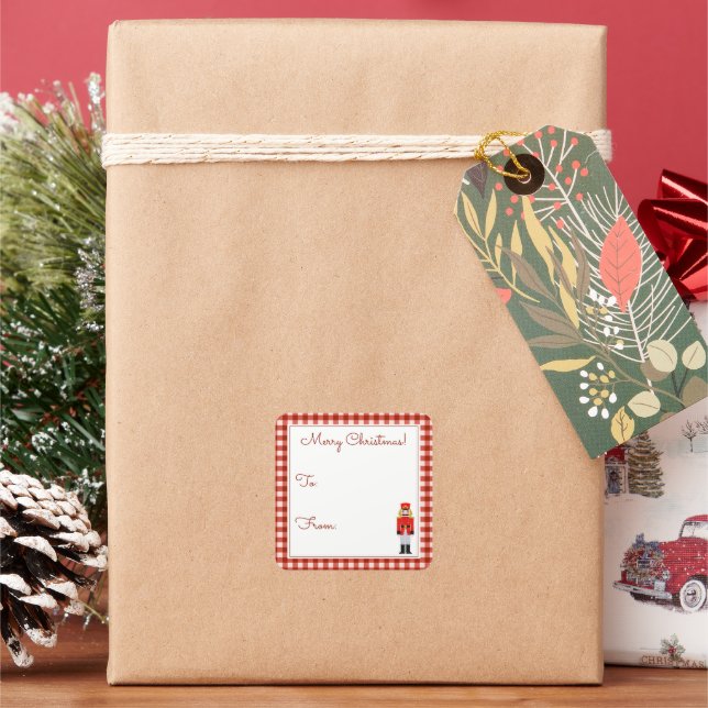 Red Plaid Christmas Nutcracker To/From Square Sticker (Holiday)