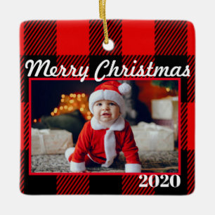Red Plaid Christmas Photo 2 Sides Modern Ceramic Ornament