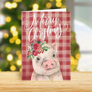 Red Plaid Christmas Pig Holiday Card