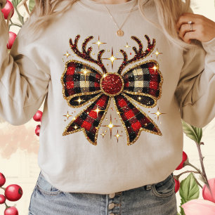 Red Plaid Christmas Reindeer Bow-Coquette Bow T-Shirt