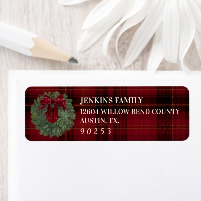 Red Plaid Christmas Return Address Label (Insitu)