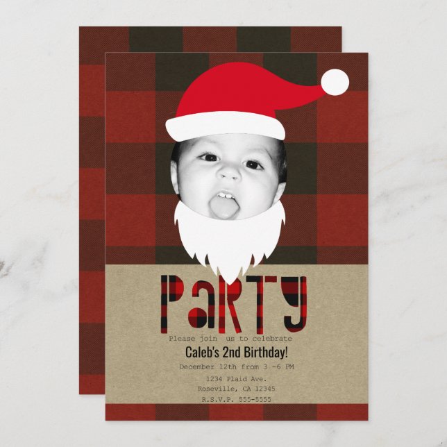 Red Plaid Christmas Santa Face Photo Holiday Party Invitation (Front/Back)