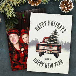 Red Plaid Christmas Tree Custom Family Name Photo Holiday Card