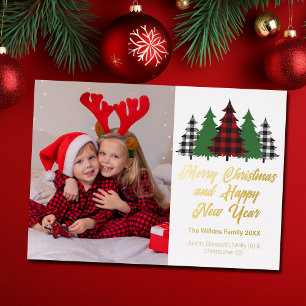 Red Plaid Christmas Trees Family Photo Gold Foil Holiday Card