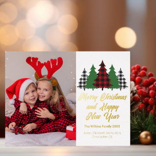 Red Plaid Christmas Trees Family Photo Gold Foil Holiday Postcard