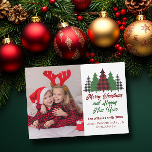 Red Plaid Christmas Trees Family Photo Magnet Card