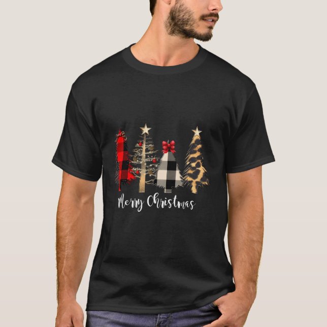 Red Plaid Christmas Trees Scene T-Shirt (Front)