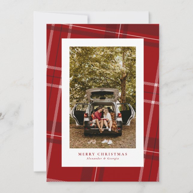 Red plaid classic holiday photo card (Front)