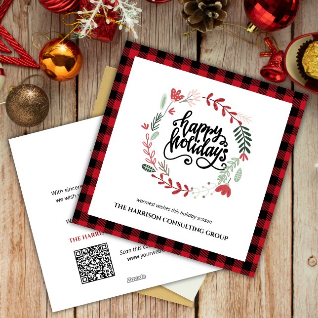 Red Plaid Corporate Logo QR Code Holiday Card (Creator Uploaded)