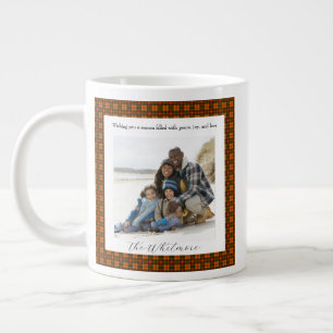  Red Plaid Cosy Christmas Retro Monogram 2 Photo Large Coffee Mug