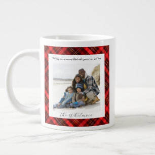  Red Plaid Cosy Christmas Rustic Monogram 2 Photo Large Coffee Mug