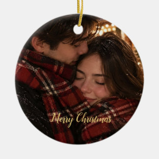 Red Plaid Couple Photo Christmas Card Ceramic Ornament