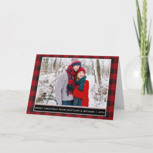 Red Plaid Couple Photo Merry Christmas Folded Holiday Card