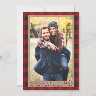 Red Plaid Couple Photo Merry Christmas Kraft Holiday Card