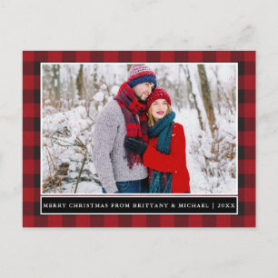 Red Plaid Couple Photo Merry Christmas Postcard
