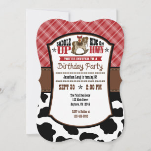Red Plaid Cowhide Cowboy Birthday Invite
