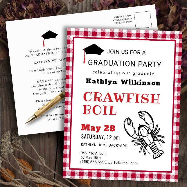 Red Plaid Crawfish Boil GRAD Party Invitation Postcard (Creator Uploaded)