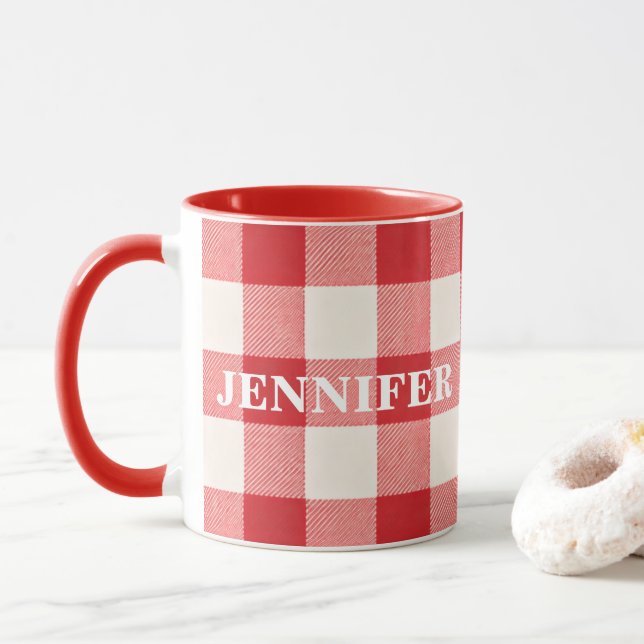 Red Plaid Custom Name Mug (With Donut)