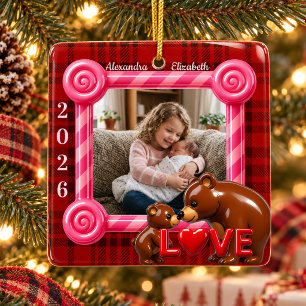 Red Plaid Custom Photo Family Love Christmas Ceramic Ornament