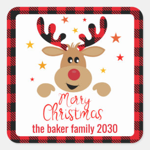 Red Plaid Cute Girly Christmas Reindeer Red Nose Square Sticker