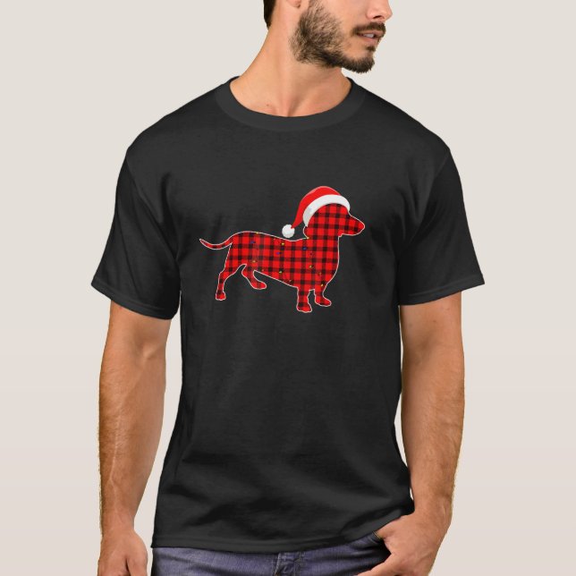 Red Plaid Dachshund Santa Hat Christmas Pyjamas Ad T-Shirt (Front)