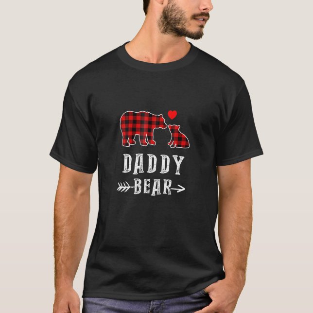 Red Plaid Daddy Bear One Cub Matching Buffalo Paja T-Shirt (Front)