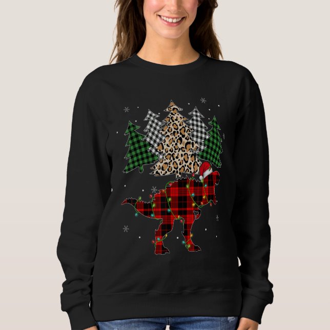 Red Plaid Dinosaur Rex Santa Hat Christmas Light X Sweatshirt (Front)