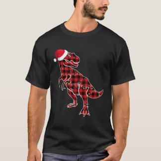 Red Plaid Dinosaur T Rex Christmas Lights Pyjamas  T-Shirt