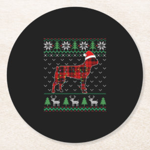 Red Plaid Dog Ugly Christmas Lights Boston Terrier Round Paper Coaster
