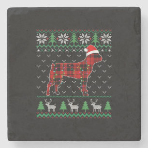 Red Plaid Dog Ugly Christmas Lights Boston Terrier Stone Coaster