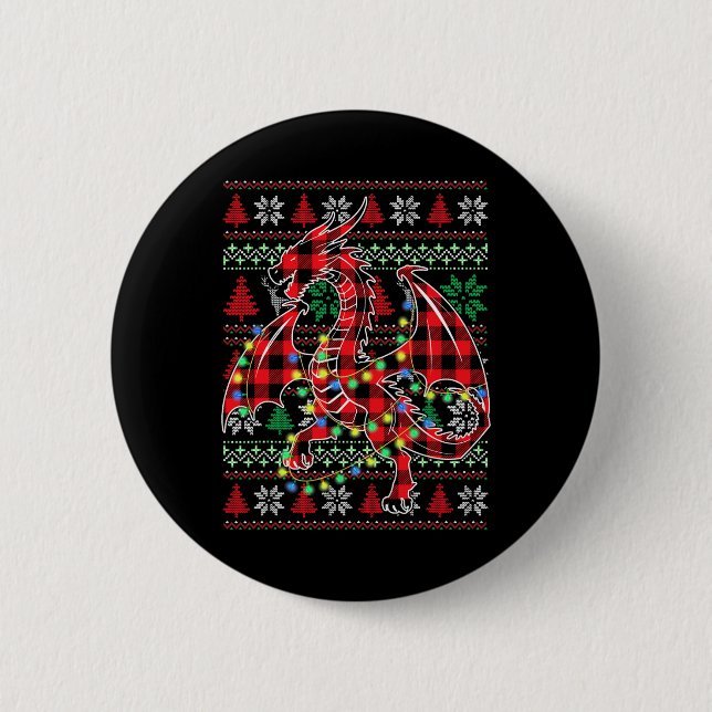 Red Plaid Dragon Christmas Lights Ugly Christmas S 6 Cm Round Badge (Front)