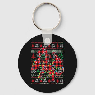 Red Plaid Dragon Christmas Lights Ugly Christmas S Key Ring