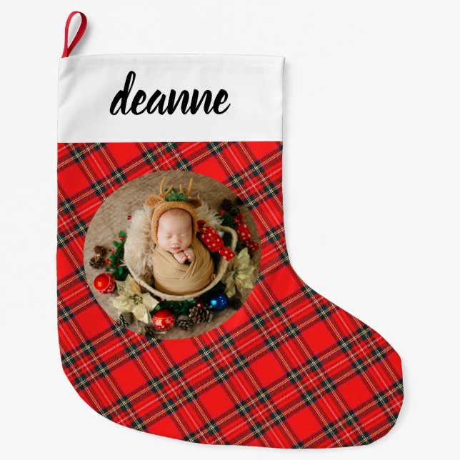 Red Plaid Elegant Baby's First Christmas Photo Large Christmas Stocking (Front)