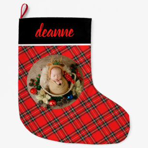 Red Plaid Elegant Baby's First Christmas Photo Large Christmas Stocking