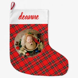 Red Plaid Elegant Baby's First Christmas Photo Large Christmas Stocking
