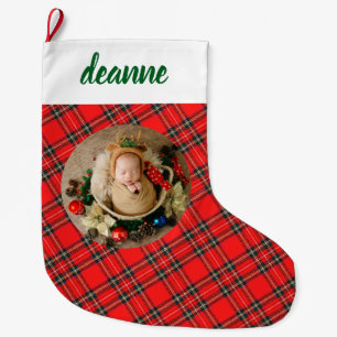 Red Plaid Elegant Baby's First Christmas Photo Large Christmas Stocking