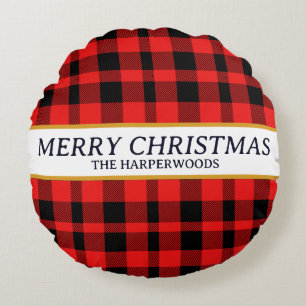 Red Plaid Elegant Decorative Christmas Family Round Cushion