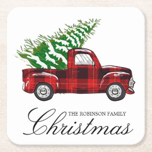 Red Plaid Elegant Script Christmas Vintage Truck Square Paper Coaster