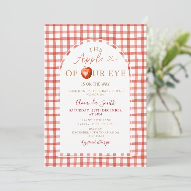 Red Plaid Fall Apple Orchard Baby Shower Invitation (Standing Front)