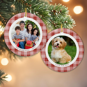 Red Plaid Family Christmas 2 Photos Ornament