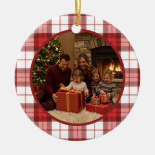 Red Plaid Family Christmas Ceramic Ornament