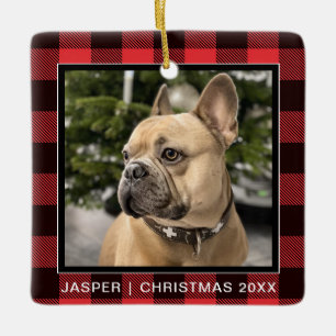 Red Plaid  Family Dog Photo Keepsake Christmas Ceramic Ornament