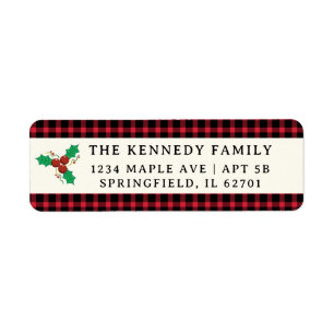 Red Plaid Family Name Christmas Holiday Holly Return Address Label
