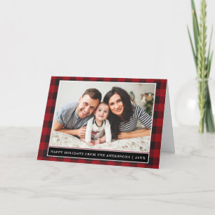Red Plaid Family Photo Happy Holidays Folded Holiday Card