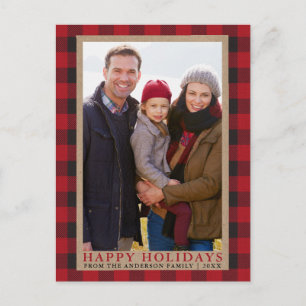 Red Plaid Family Photo Happy Holidays Kraft Postcard