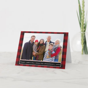 Red Plaid Family Photo Merry Christmas Folded Holiday Card